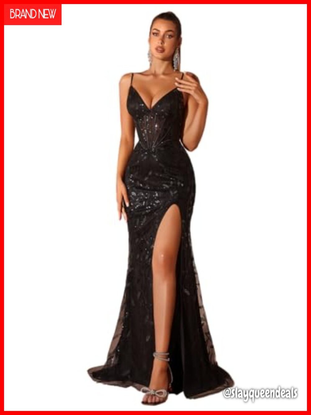 Sequin Embroidered Tulle Long V Neck Backless Evening Gown Spaghetti Strap